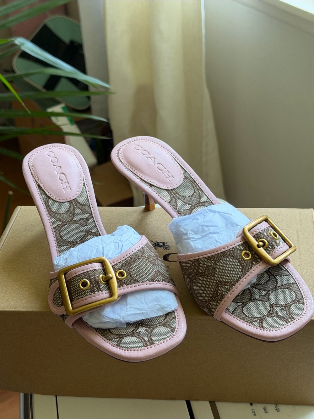 Coach Signature Canvas Slide Mules with Pink Trim and Gold Buckles